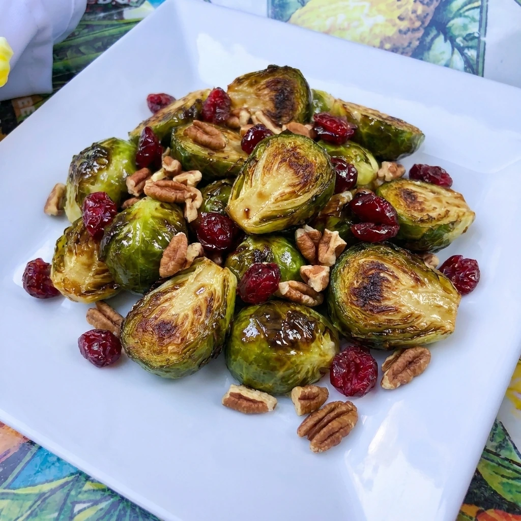 Maple Roasted Brussels Sprouts with toasted pecans and cranberries