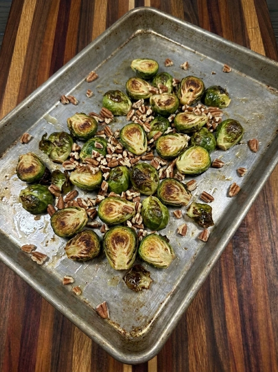 Partially roasted Brussels sprouts with pecans added