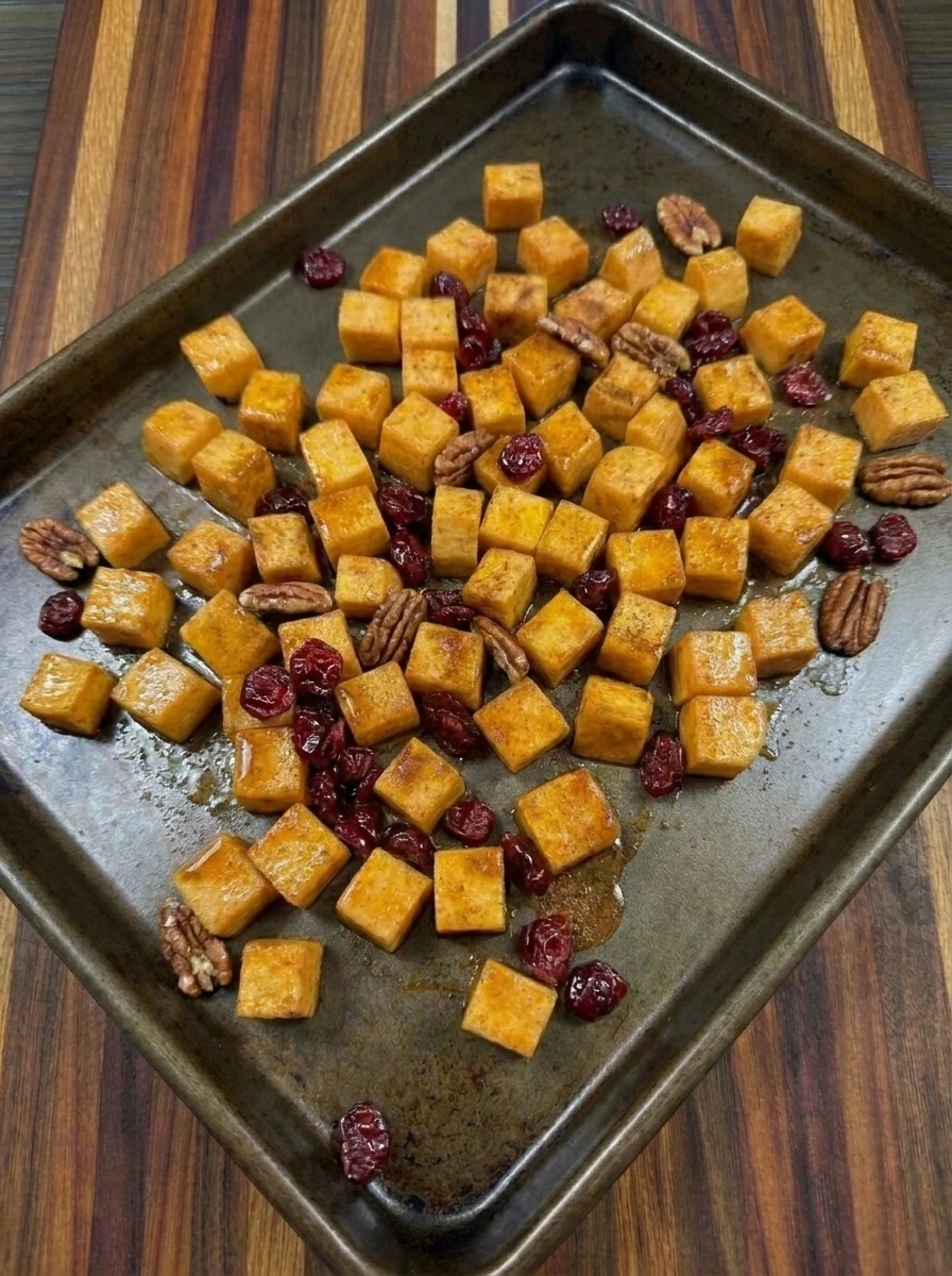 Roasted butternut squash with cranberries and pecans on a sheet pan