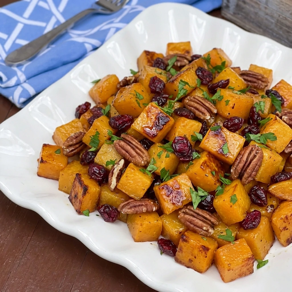 Maple Roasted Butternut Squash with Cranberries and toasted pecans in a white serving dish