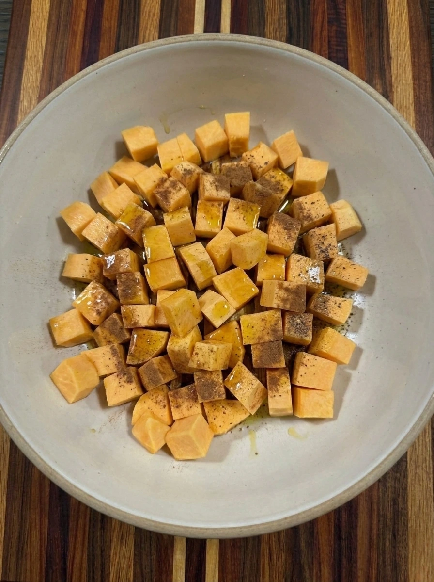 Butternut squash cubes coated with maple syrup and cinnamon