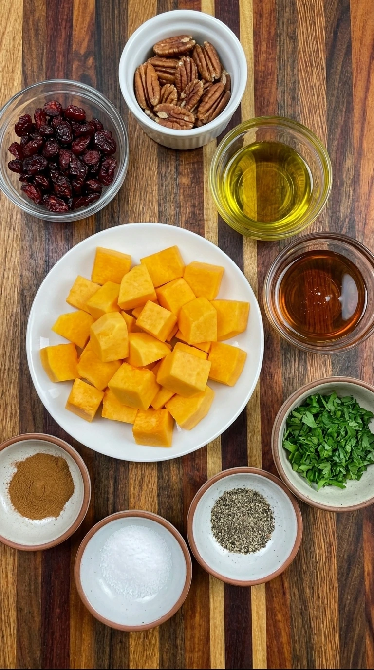 Ingredients for Maple Roasted Butternut Squash with Cranberries arranged in separate bowls