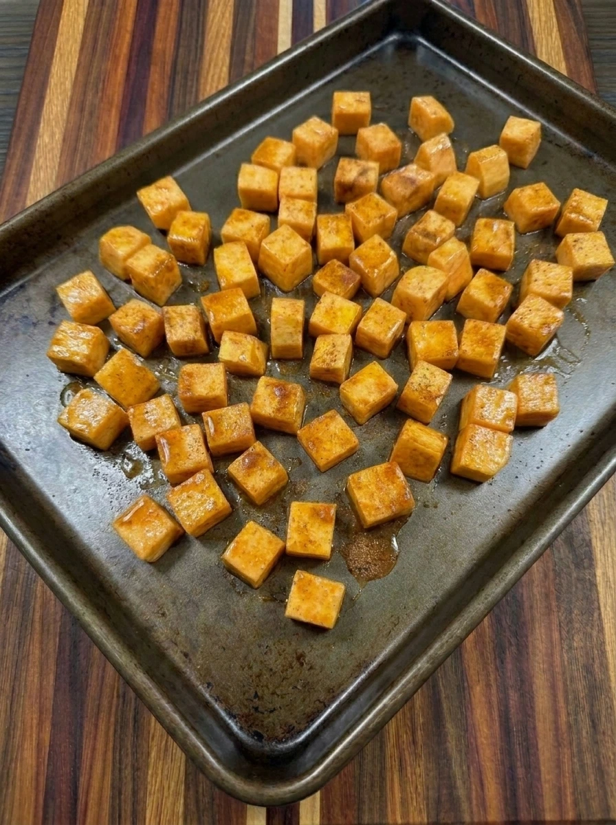 Maple butternut squash cubes turned during roasting with browned edges
