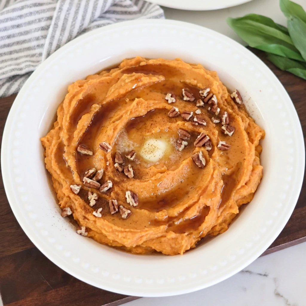 Creamy Maple Sweet Potato Mash topped with maple syrup and chopped pecans