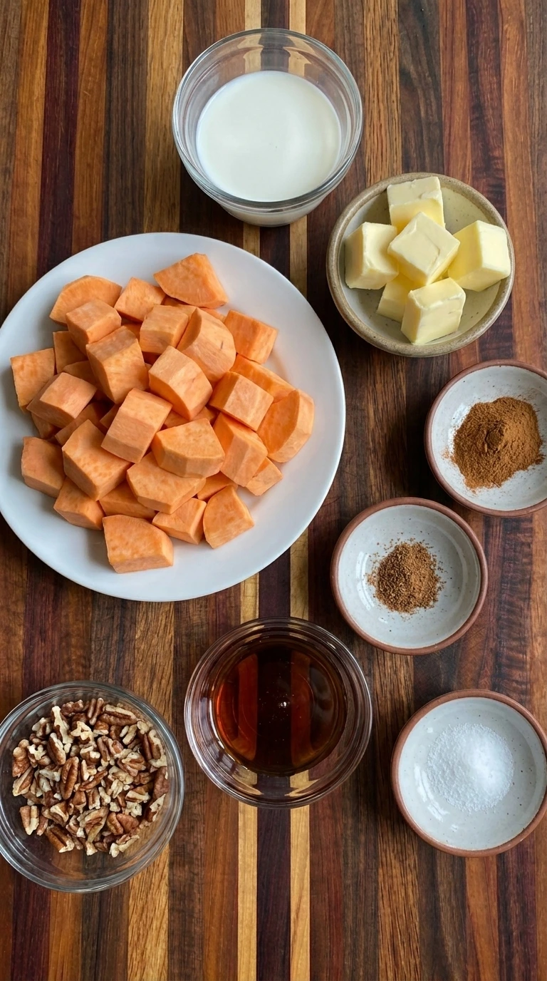 Ingredients for Maple Sweet Potato Mash arranged in separate small containers