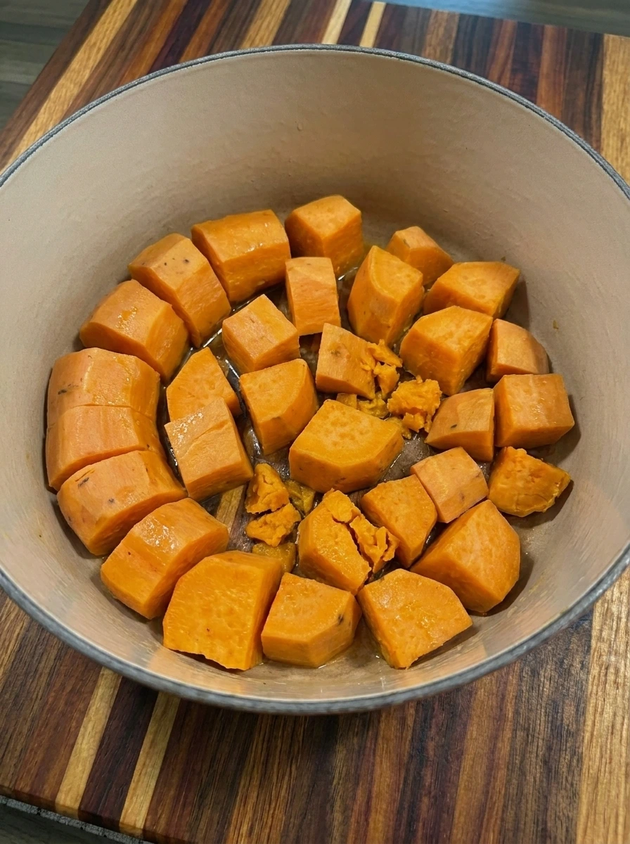 Tender cooked sweet potato chunks in a pot