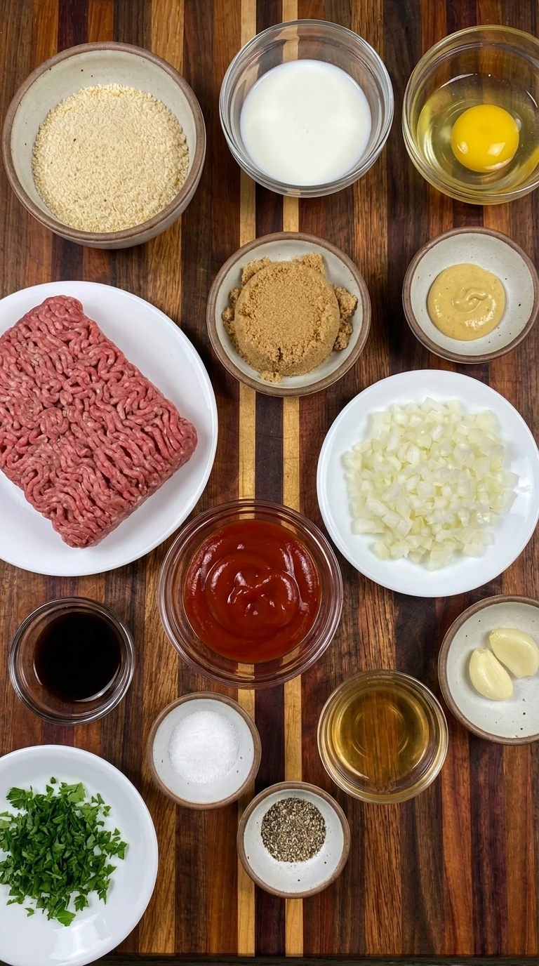 Ingredients for Meatloaf with Brown Sugar Glaze Dinner in separate bowls