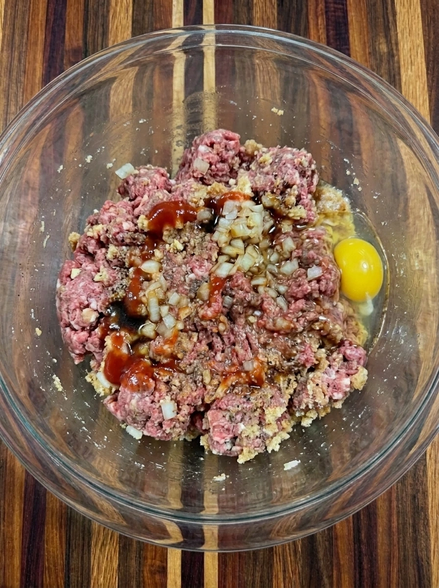Meatloaf mixture combined in a bowl