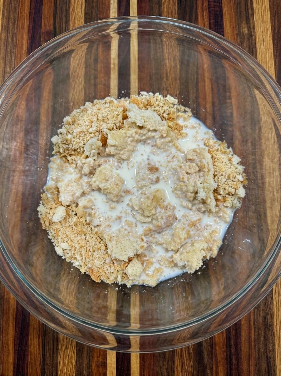 Breadcrumbs soaking in milk for Meatloaf with Brown Sugar Glaze Dinner
