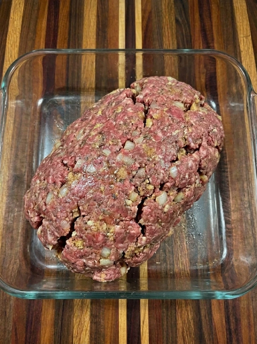 Raw meatloaf shaped in a baking dish