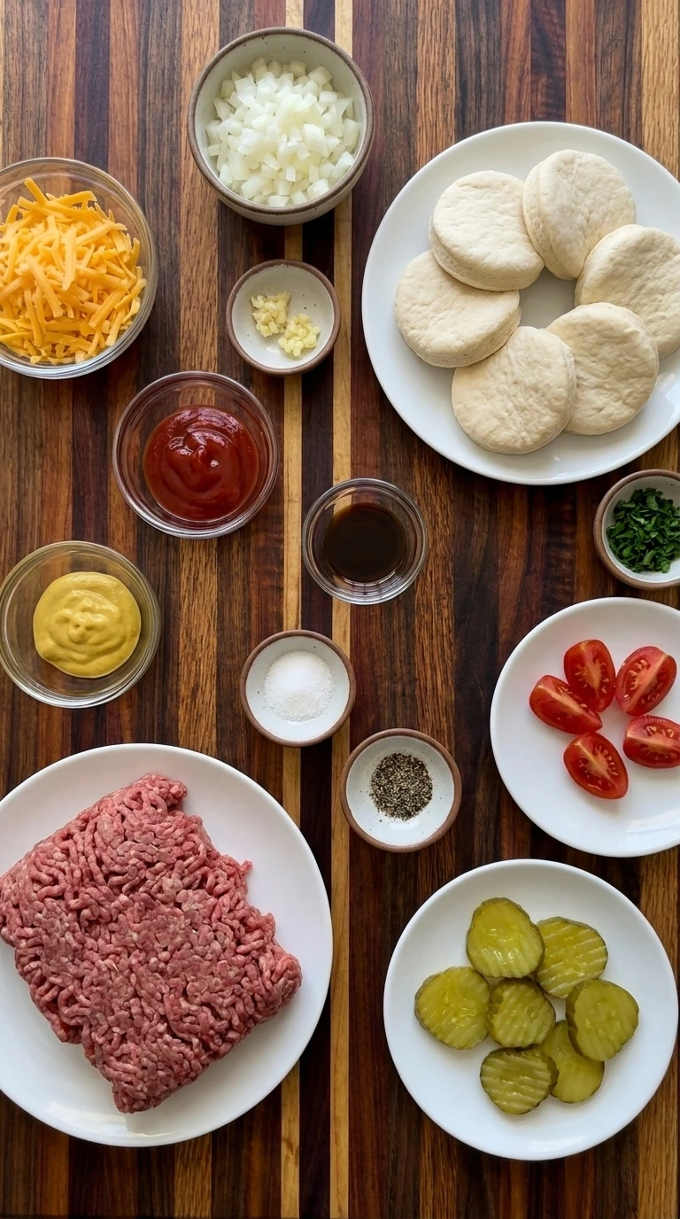 Ingredients for Mini Cheeseburger Cups in separate bowls