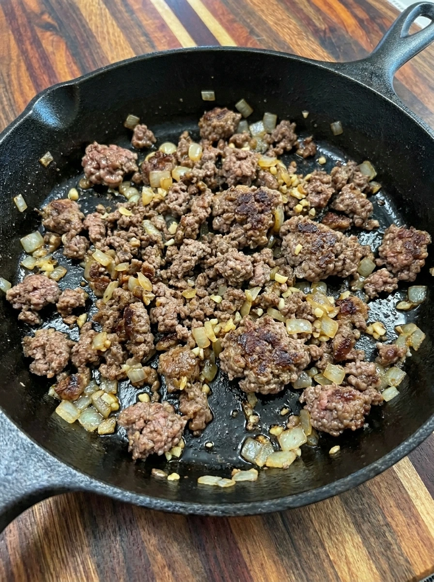 Browned beef with onion and garlic for Mini Cheeseburger Cups