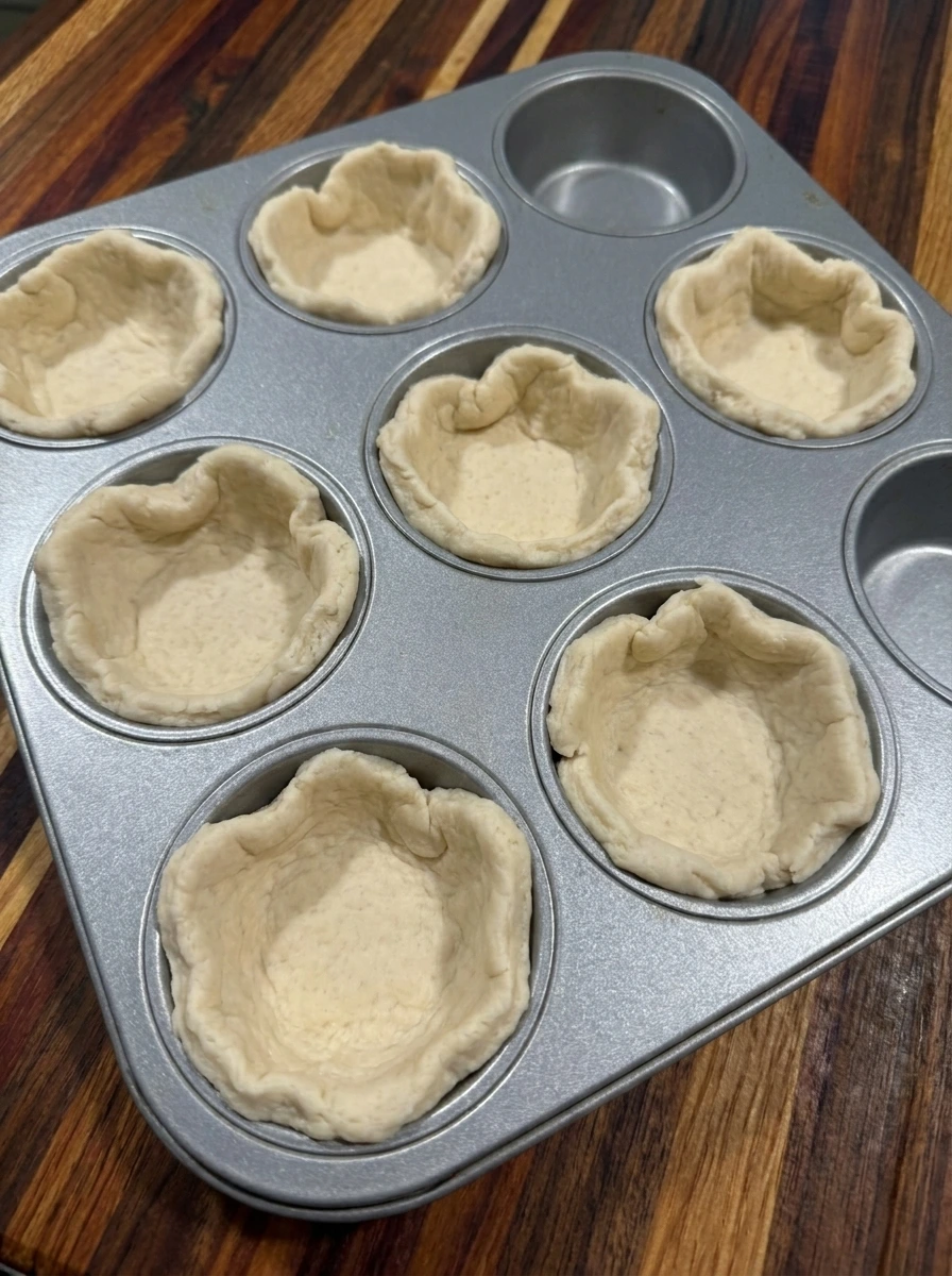 Biscuit dough pressed into muffin tin for Mini Cheeseburger Cups