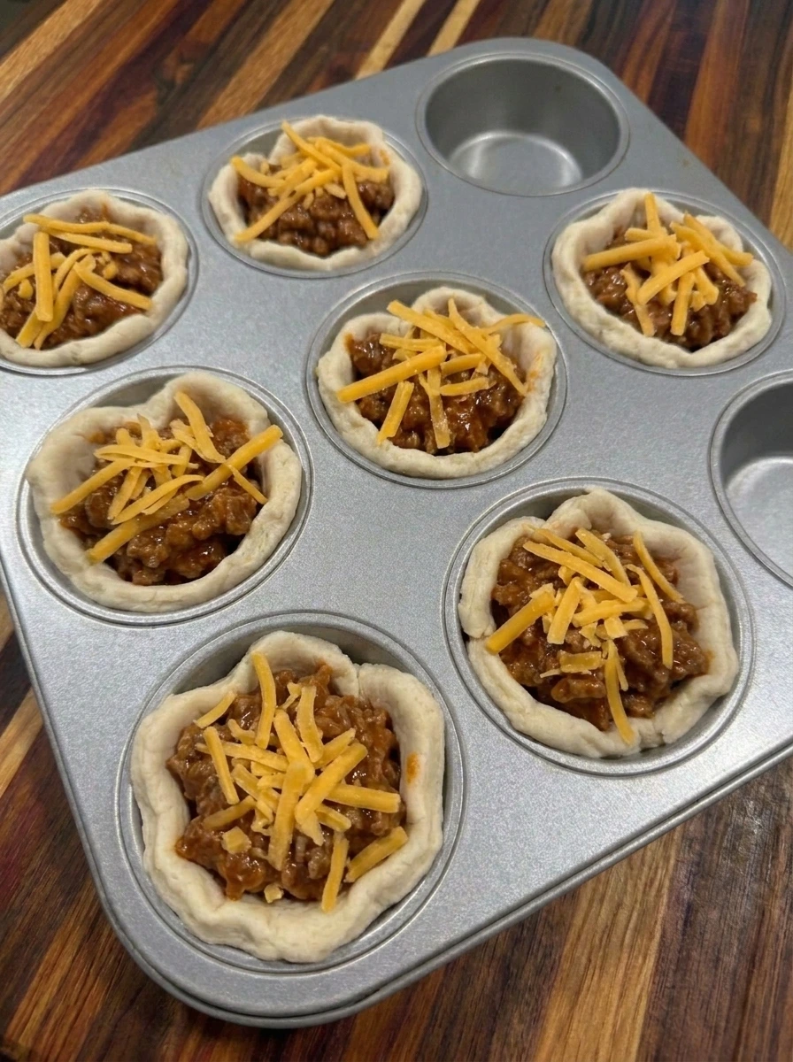 Mini Cheeseburger Cups topped with shredded cheddar