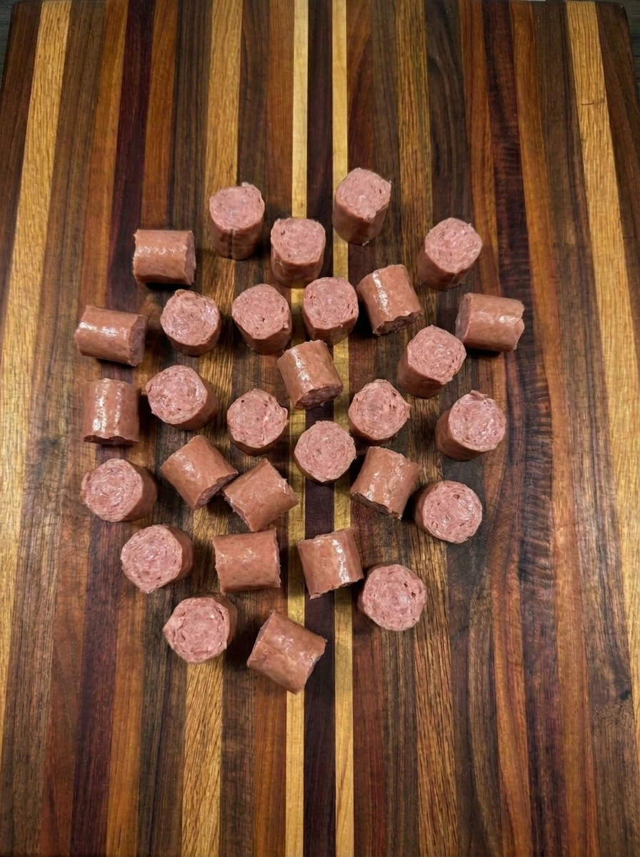 Twenty four hot dog pieces cut for Mini Corn Dog Muffins