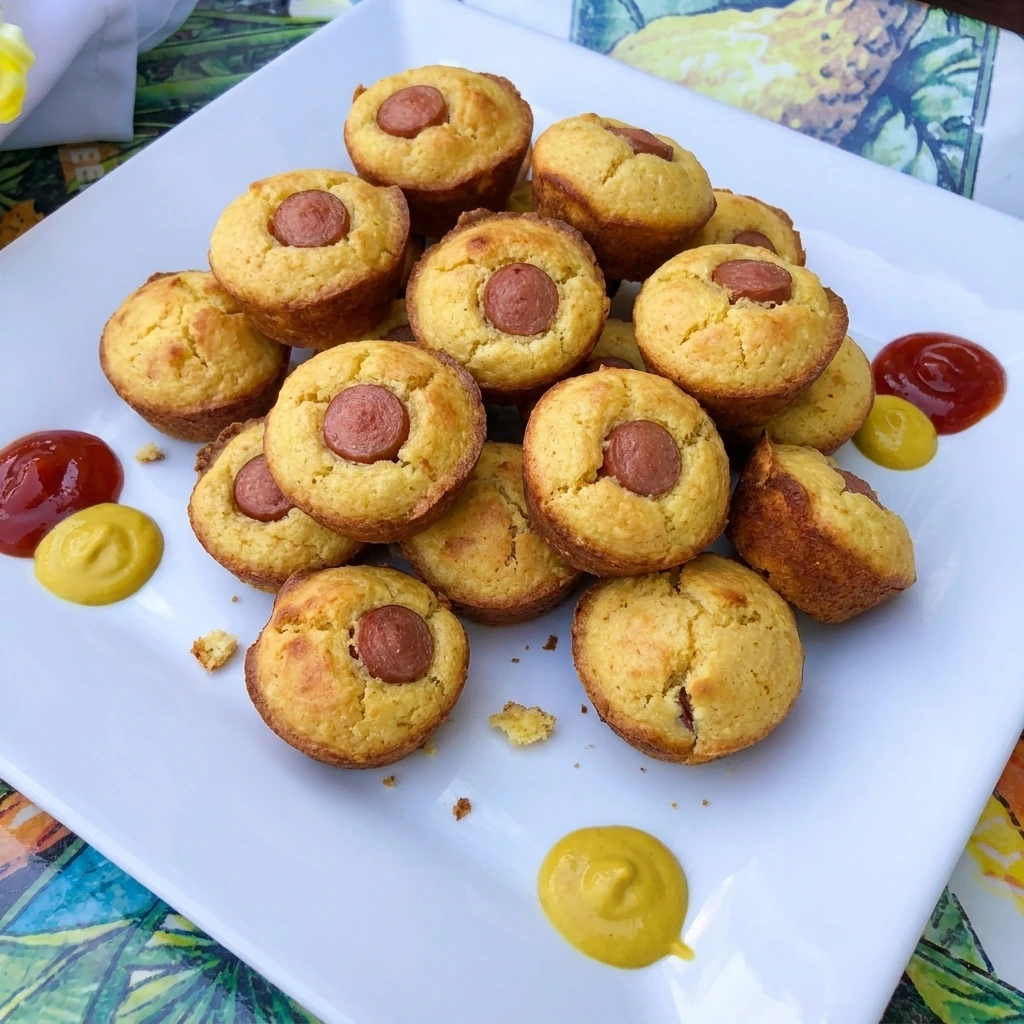 Golden Mini Corn Dog Muffins with visible hot dog centers and dipping sauces