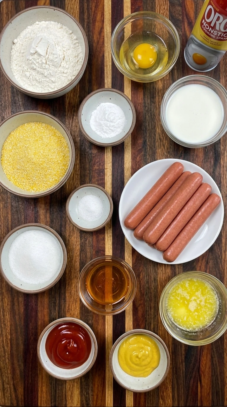 Ingredients for Mini Corn Dog Muffins arranged in separate small containers