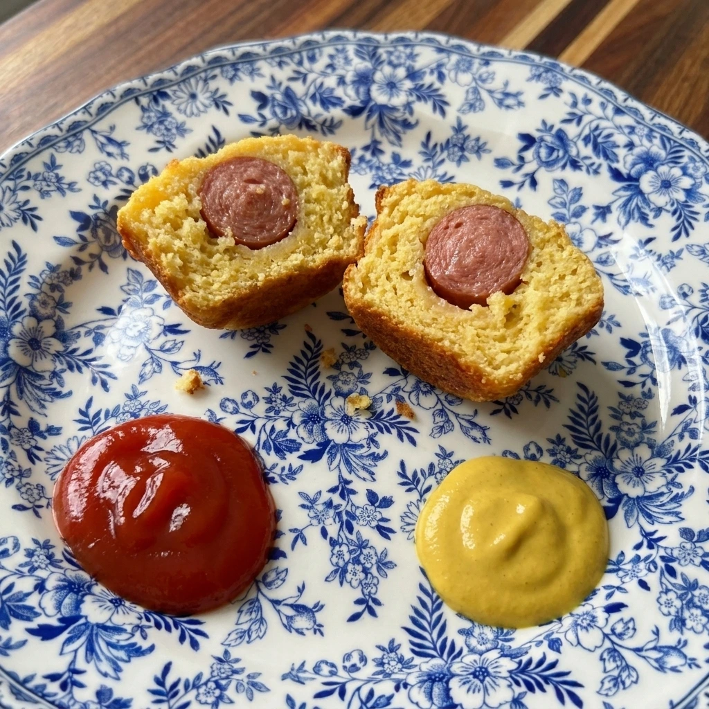 One Mini Corn Dog Muffin cut open and served with ketchup and mustard