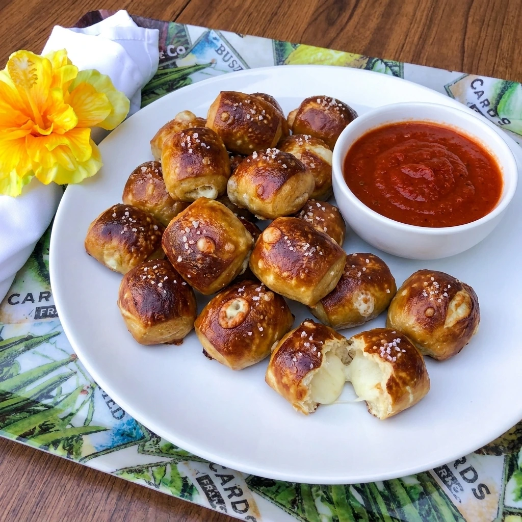 Golden Mini Mozzarella Stuffed Pretzel Bites with marinara sauce