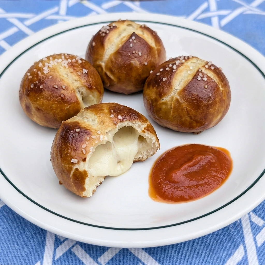 One serving of mozzarella stuffed pretzel bites with melted cheese inside