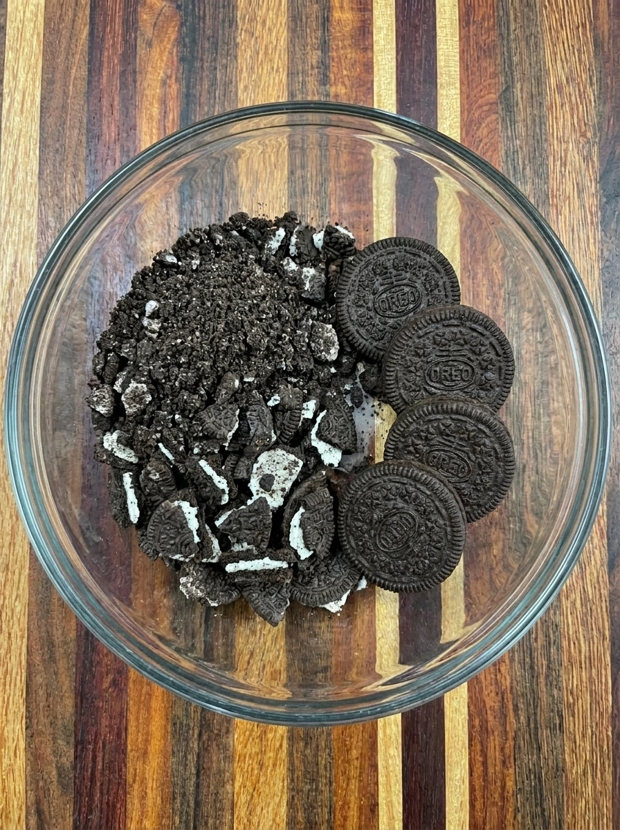 Four Oreo cookies crushed into coarse crumbs for mini cheesecakes