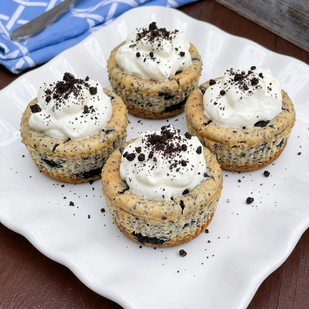 Four Mini Oreo Cheesecake Cups with whipped cream and crushed cookies