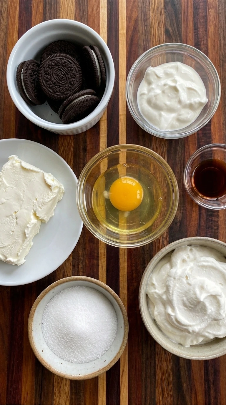 Ingredients for Mini Oreo Cheesecake Cups arranged in separate bowls