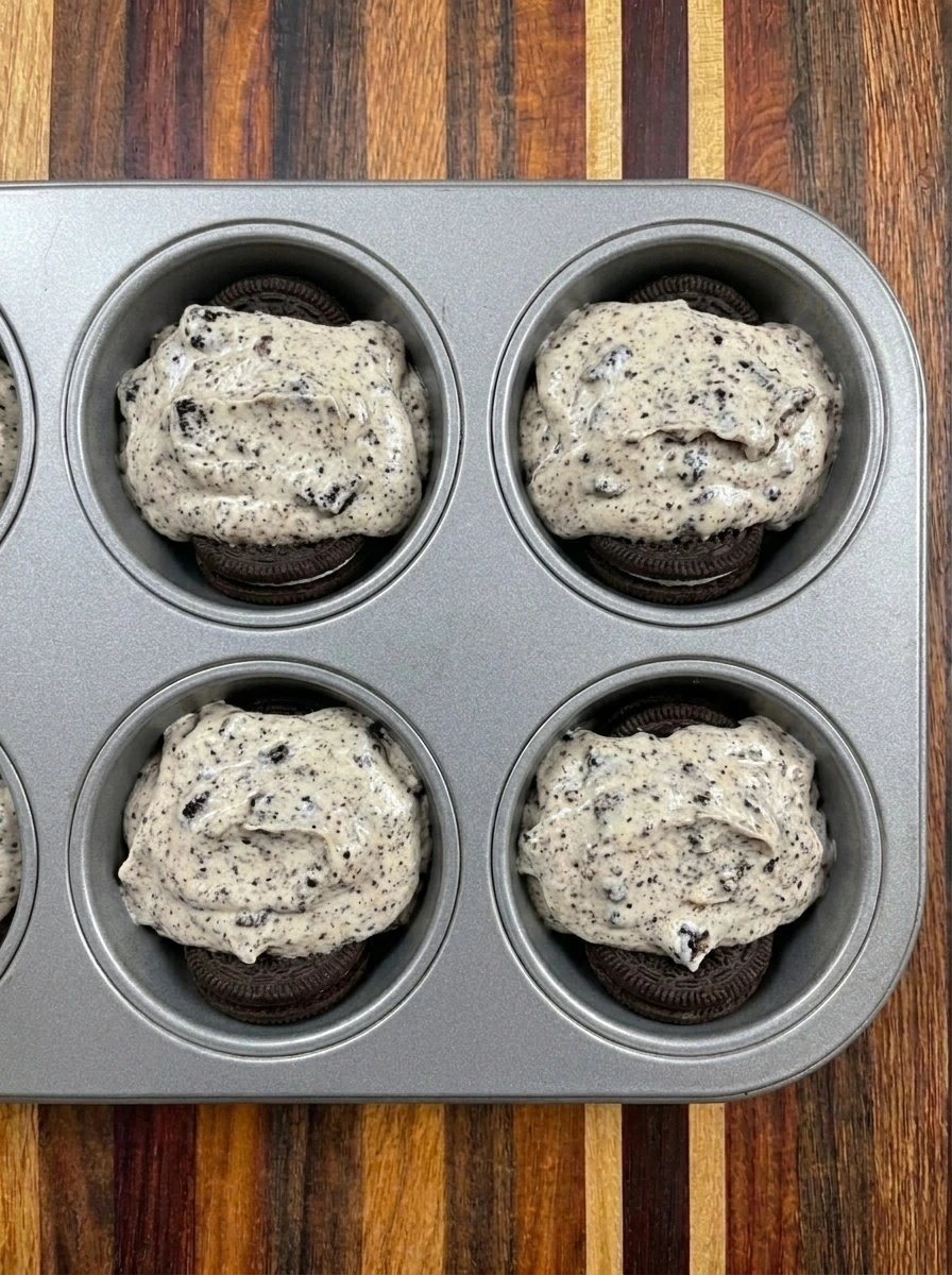 Four muffin cups filled with Oreo cheesecake mixture