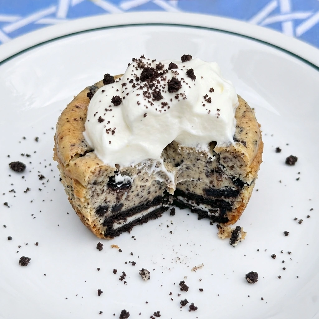 One Mini Oreo Cheesecake Cup cut open to reveal creamy filling