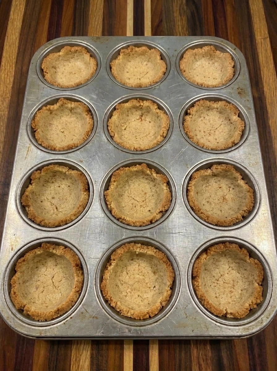 Baked graham cookie shells with golden edges in a muffin tin