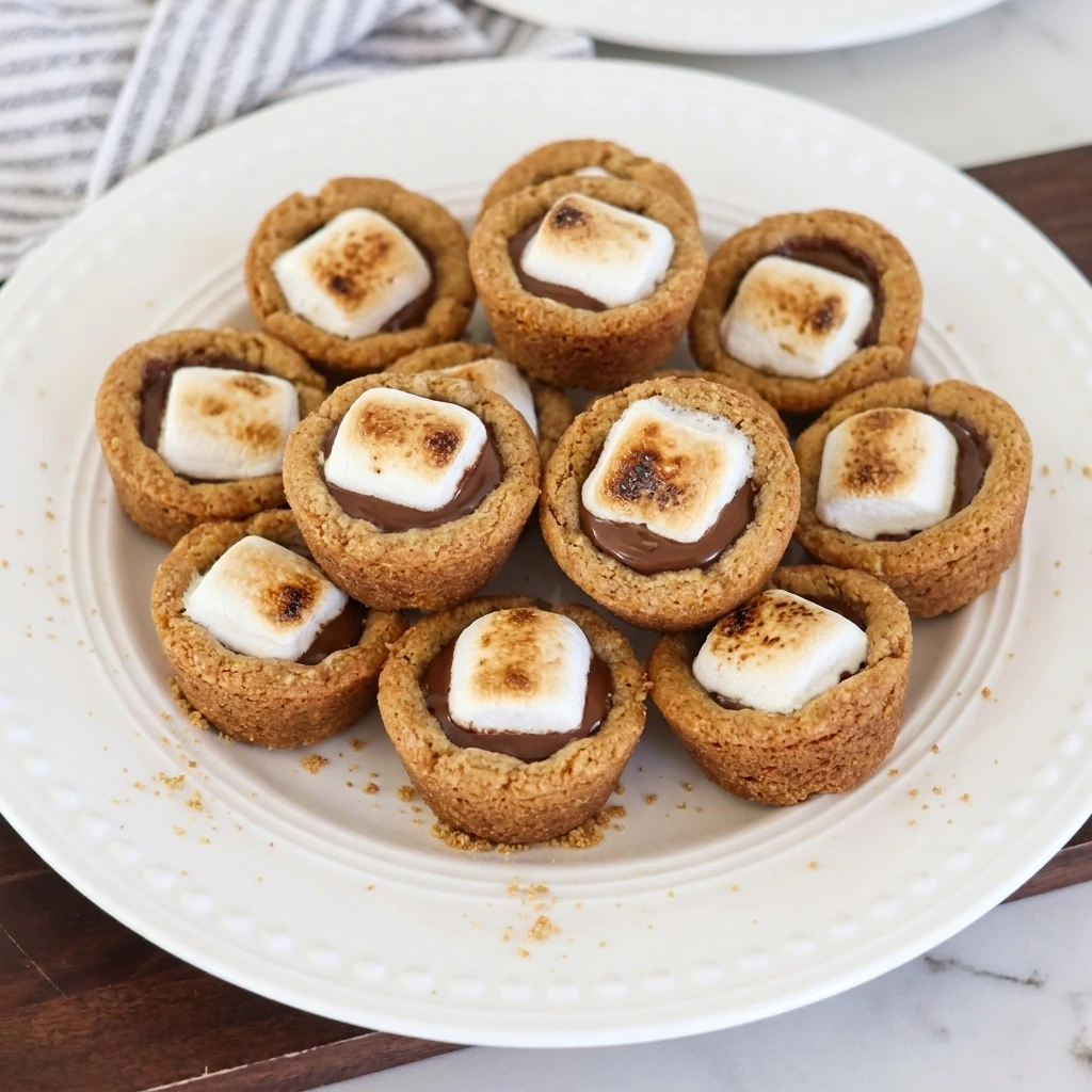 Mini S’mores Cookie Cups with melted chocolate and toasted marshmallow tops