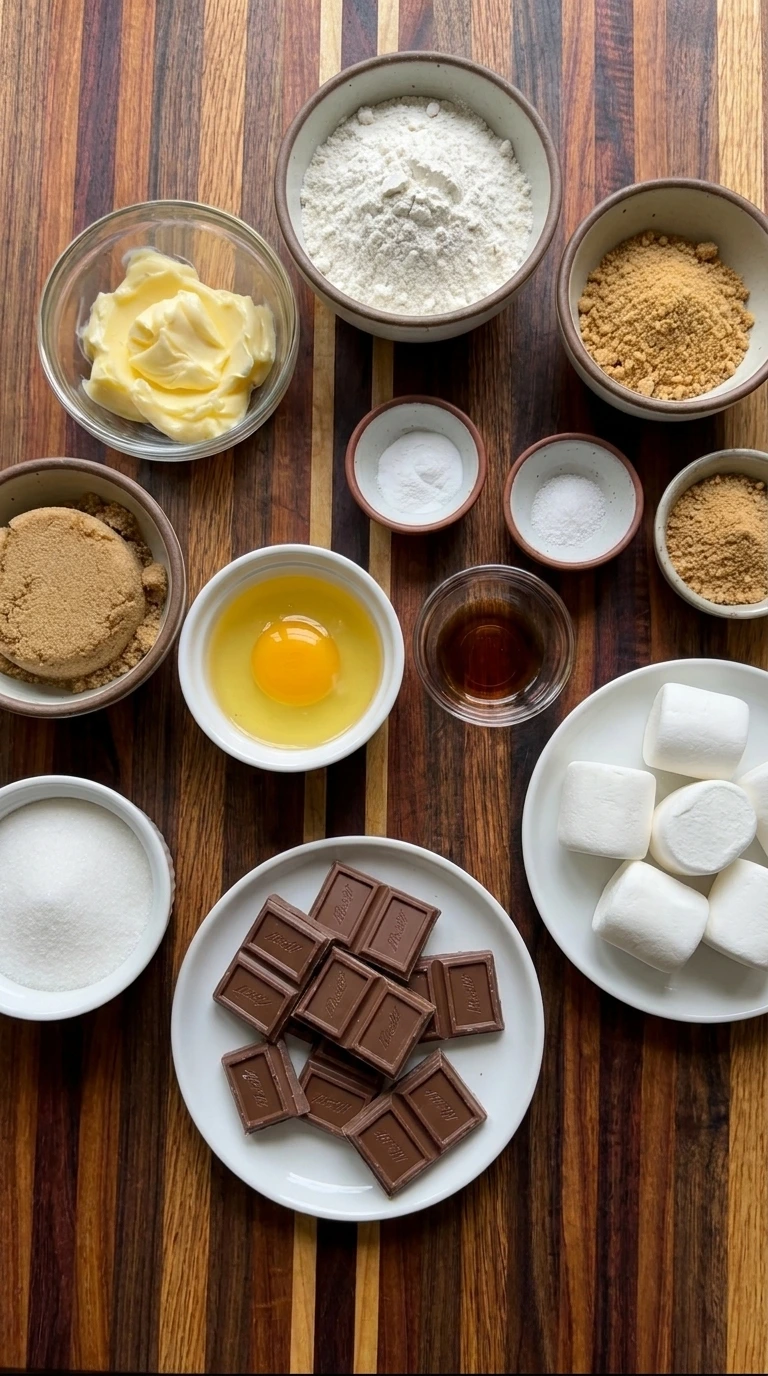Ingredients for Mini S’mores Cookie Cups in separate bowls and plates