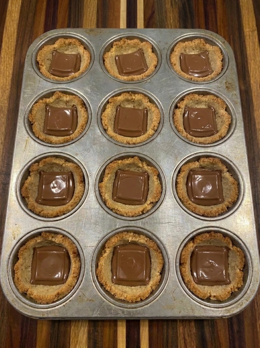 Milk chocolate melting inside twelve graham cookie cups