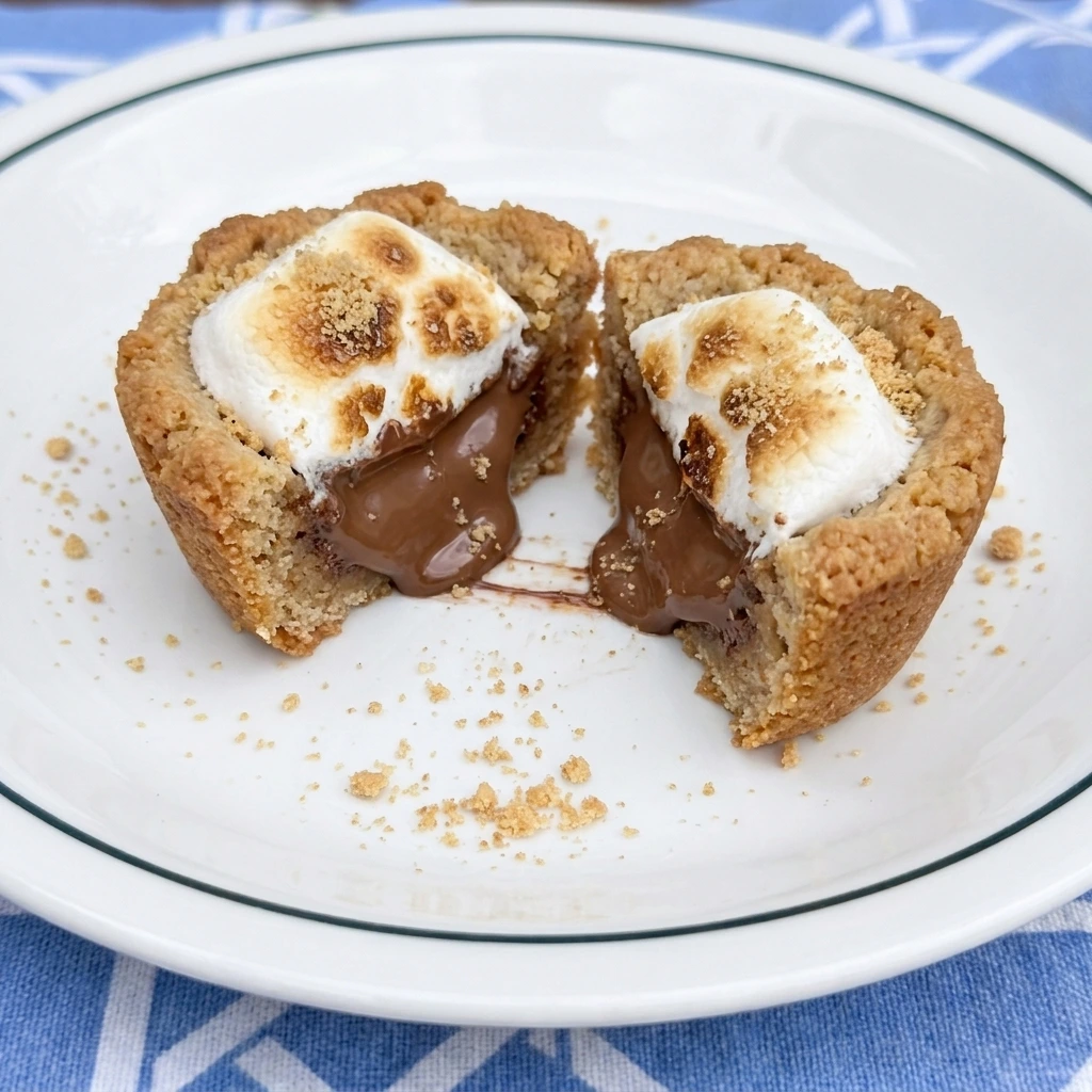 Cut Mini S’mores Cookie Cup with melted chocolate and toasted marshmallow