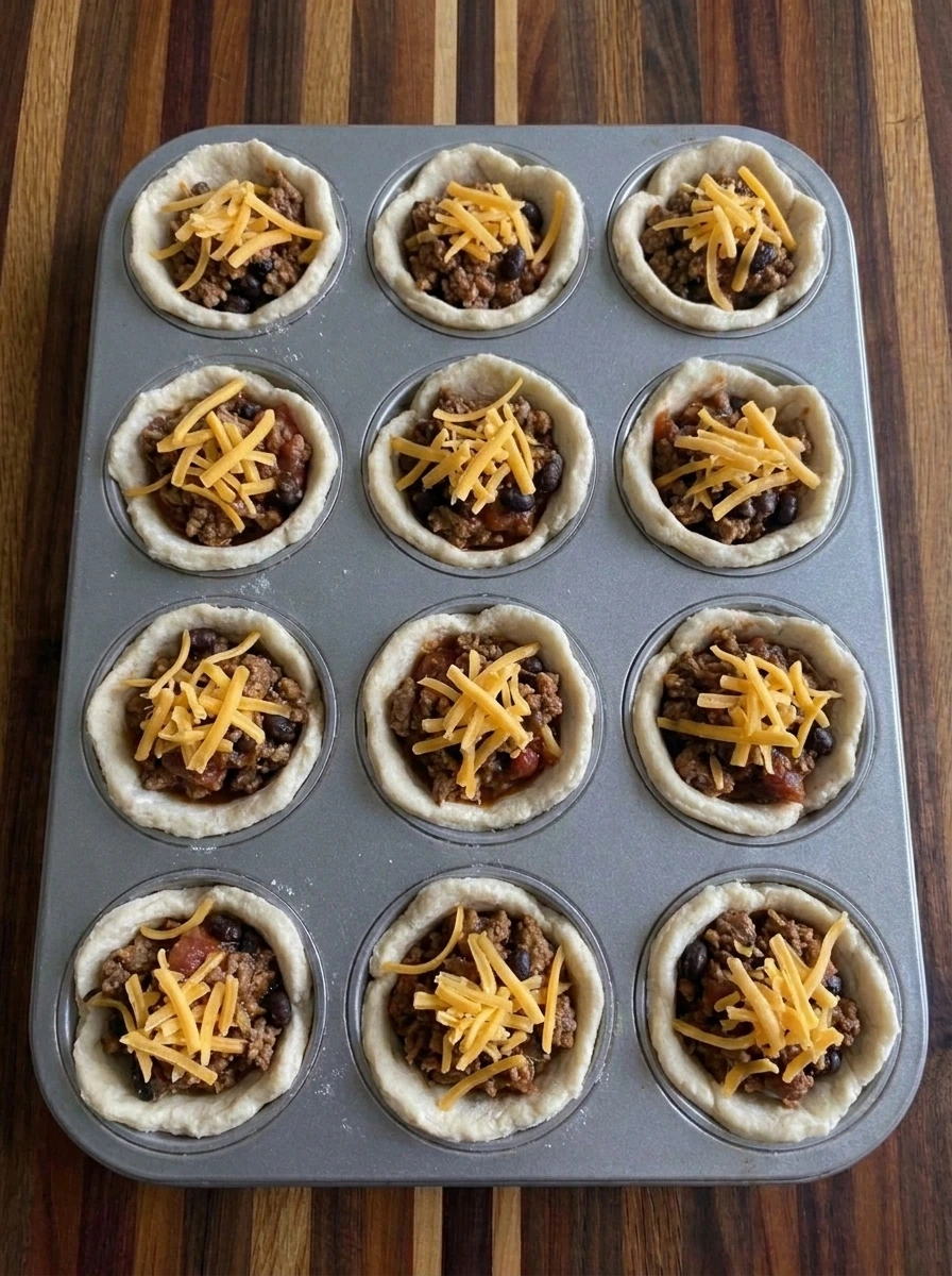 Eight biscuit cups filled with taco beef mixture and shredded cheddar
