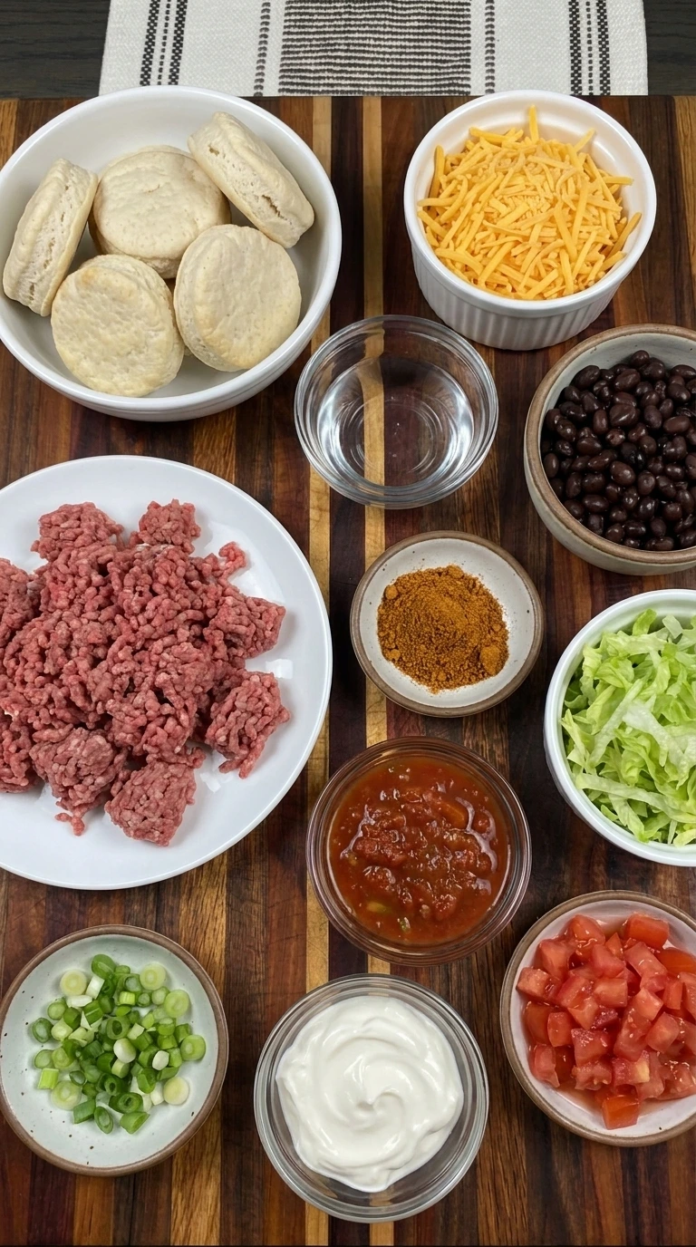 Ingredients for Mini Taco Biscuit Cups arranged in separate small containers