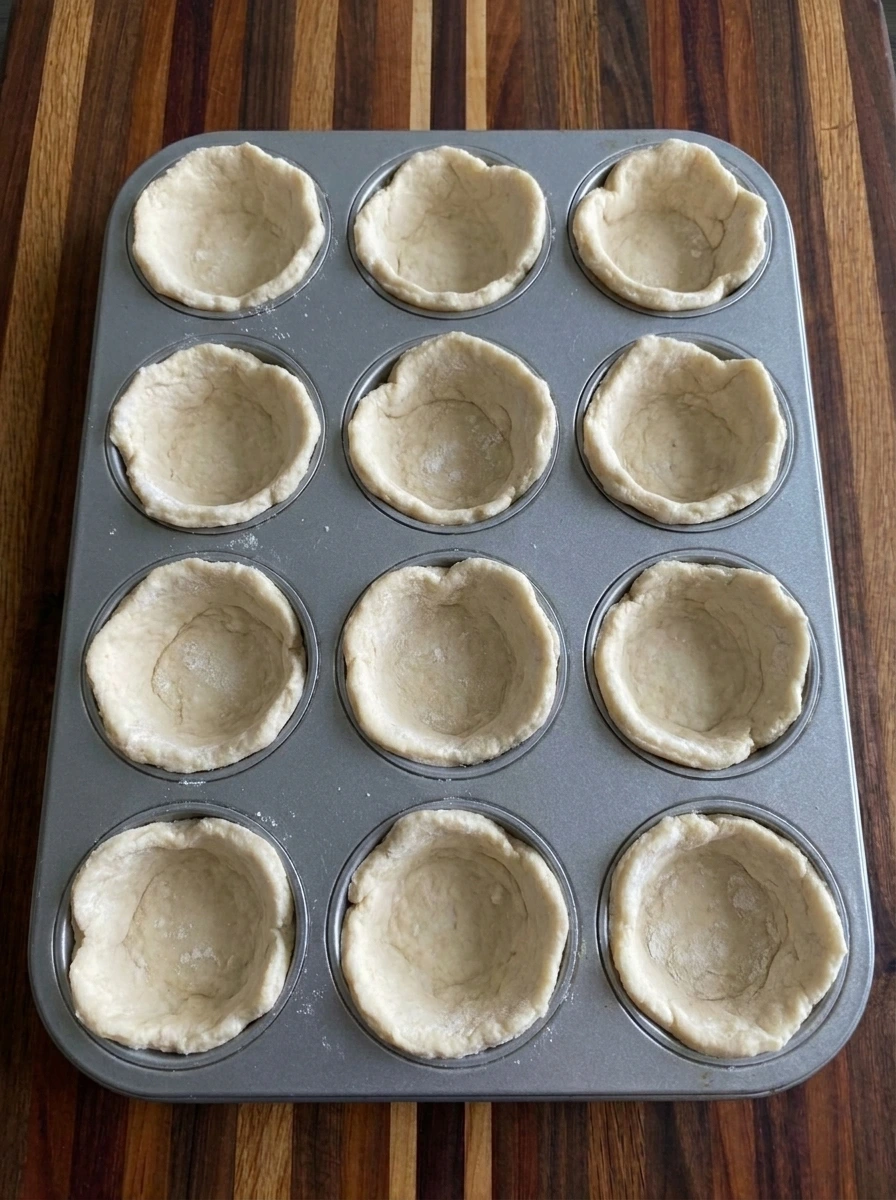 Eight biscuit dough rounds pressed into a muffin tin for taco cups