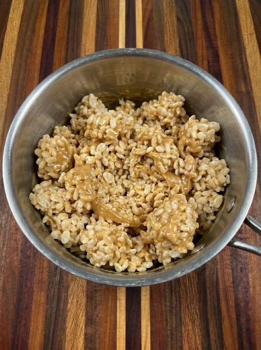 Crispy rice cereal coated with warm peanut butter mixture