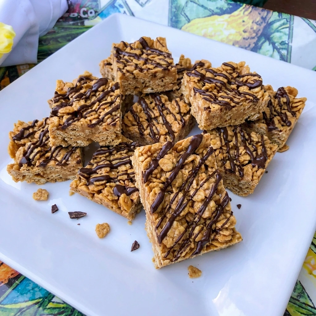 No-Bake Peanut Butter Cereal Bars with chocolate drizzle on a white plate
