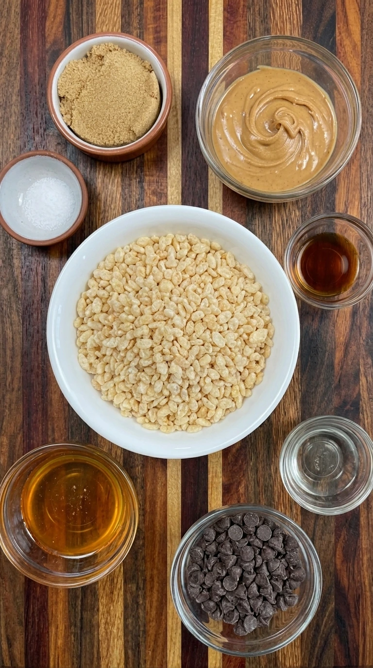 Ingredients for No-Bake Peanut Butter Cereal Bars in separate bowls