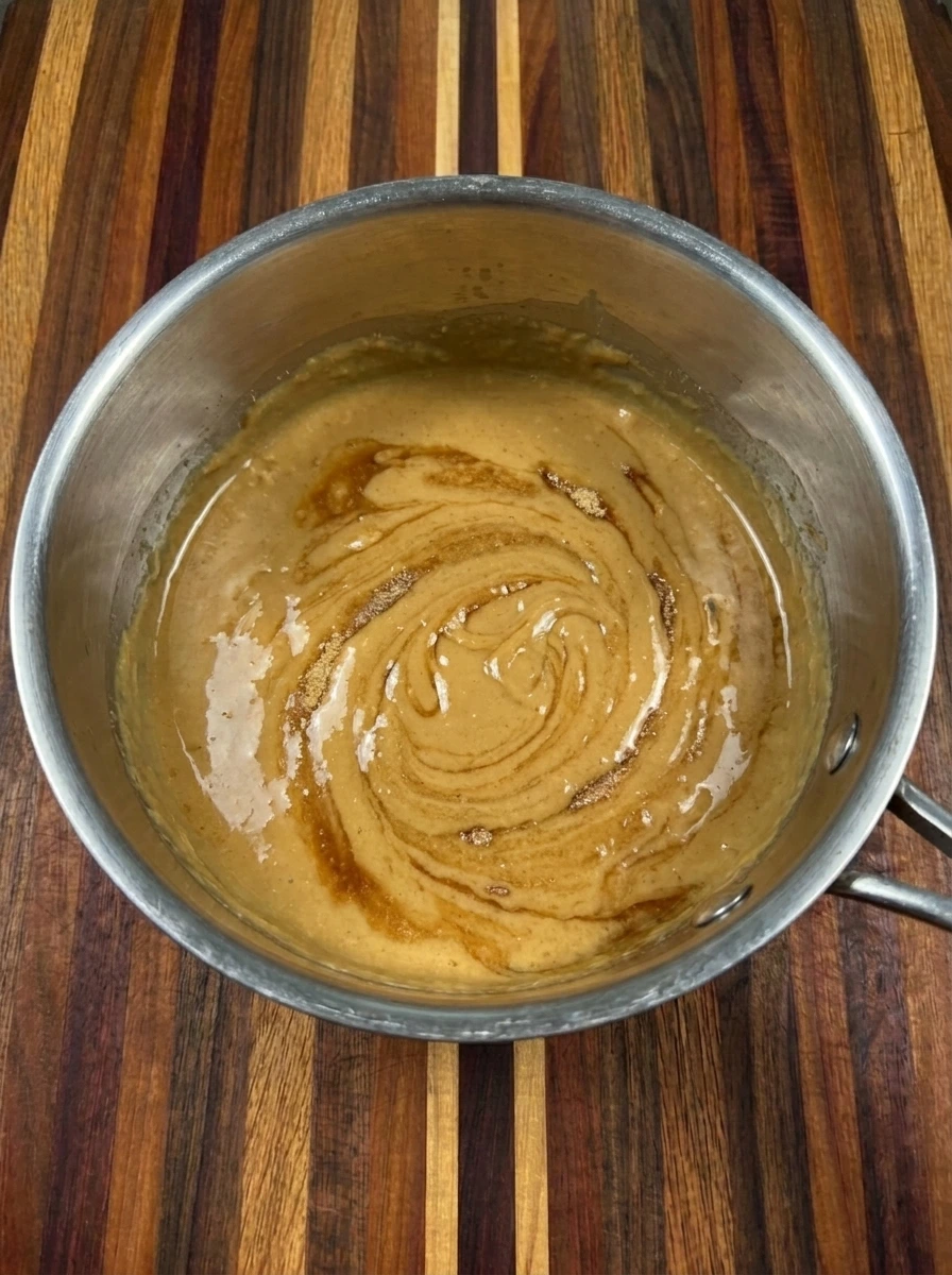 Smooth peanut butter and honey binder in a saucepan