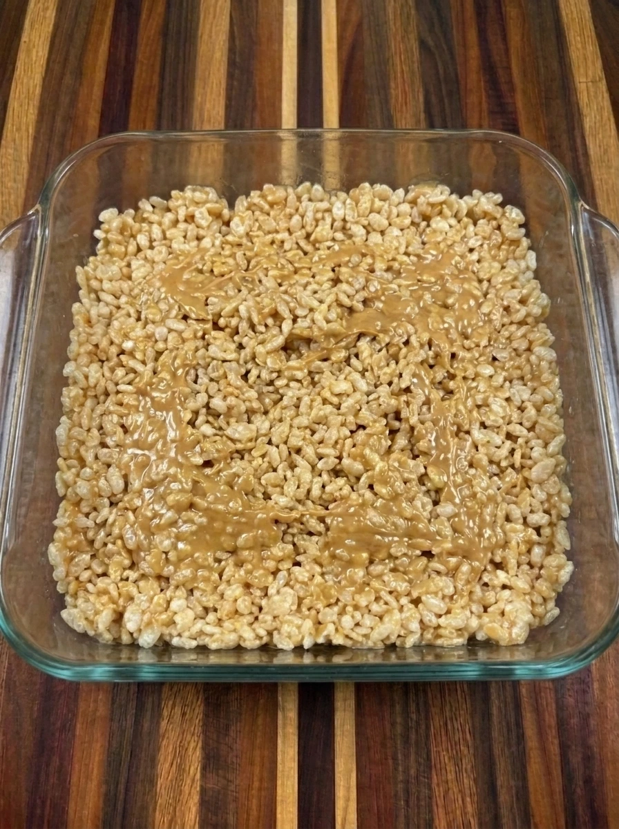 Peanut butter cereal mixture pressed into a square baking dish