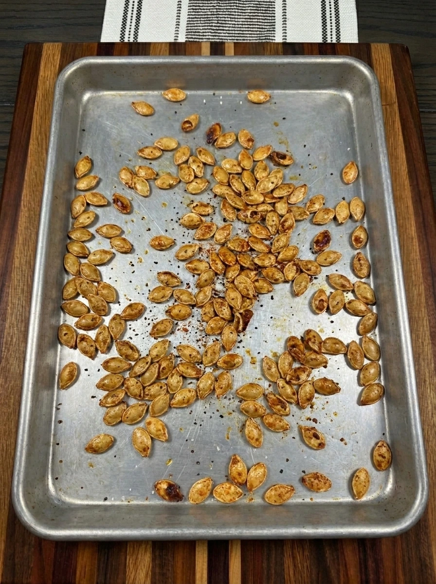 Golden roasted pumpkin seeds on a sheet pan with toasted edges