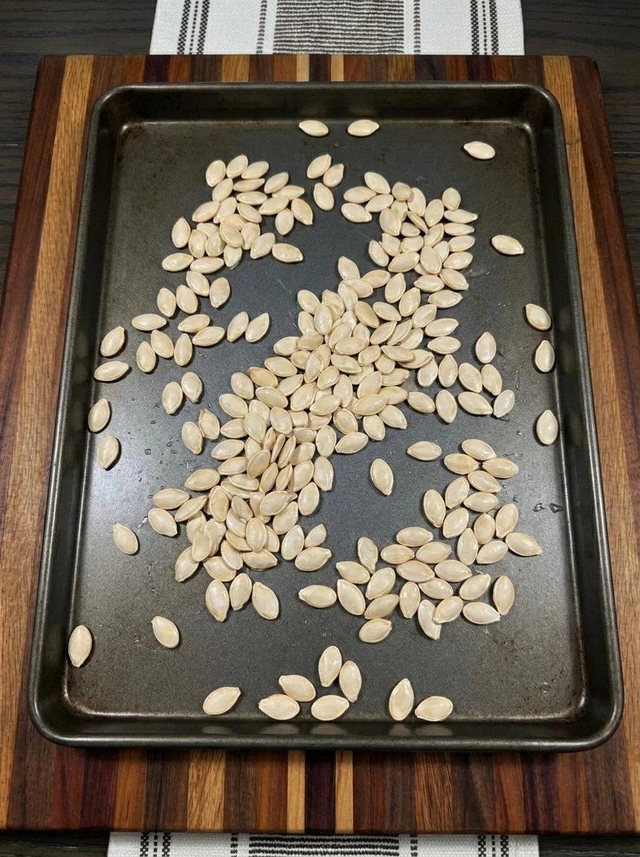 Clean pumpkin seeds spread on a sheet pan before roasting