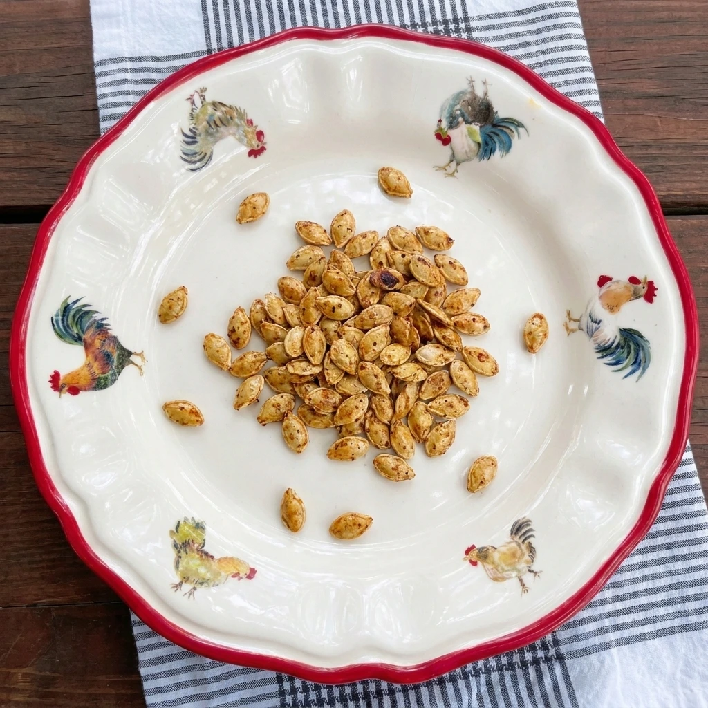 Single portion of Oven Roasted Pumpkin Seeds served on a plate