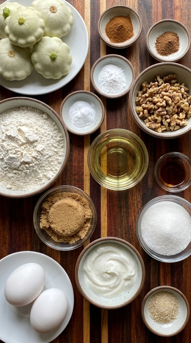 Ingredients for Patty Pan Squash Bread arranged in separate bowls and plates