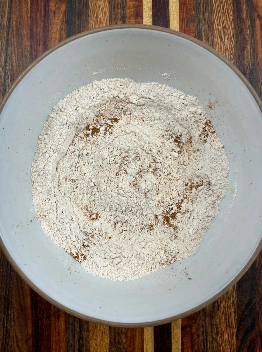 Flour and warm spices mixed for Patty Pan Squash Bread