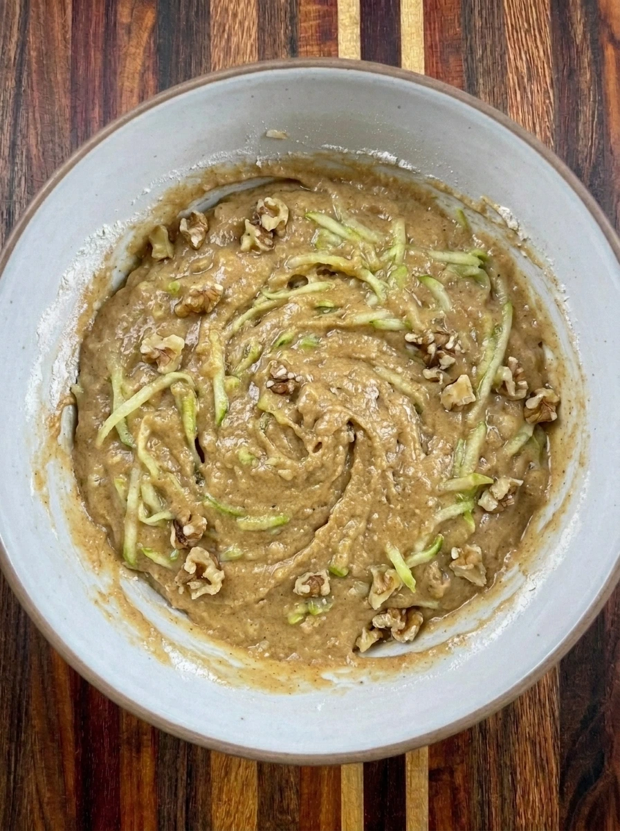 Patty Pan Squash Bread batter folded with grated squash and walnuts
