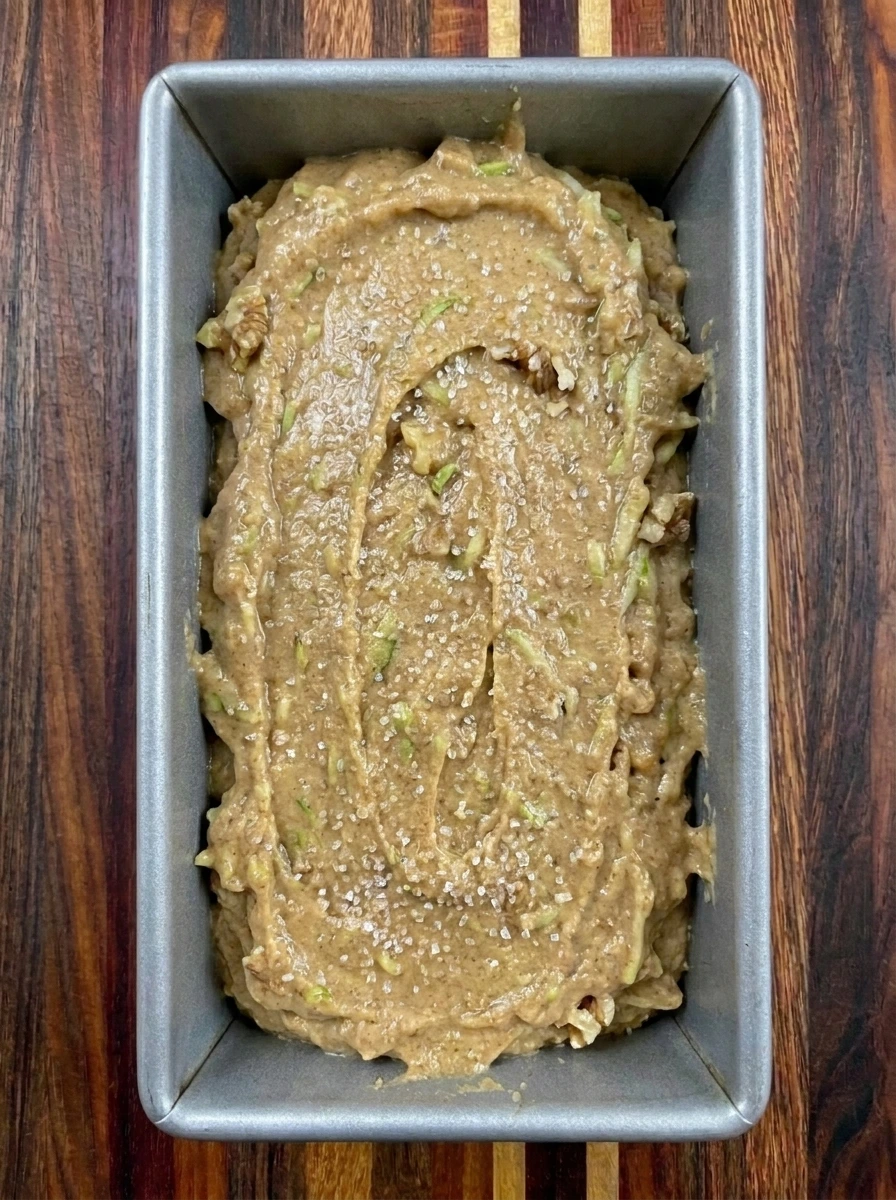 Raw Patty Pan Squash Bread batter in a loaf pan with coarse sugar
