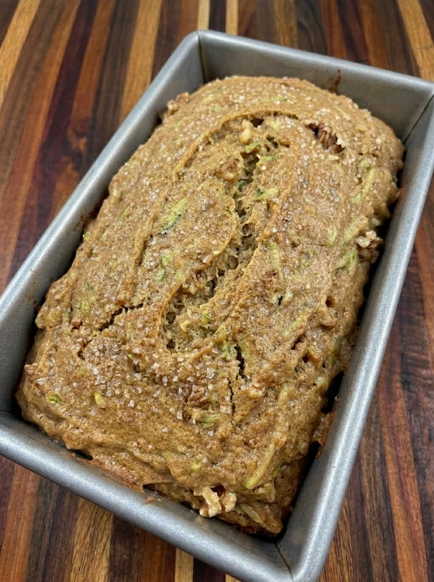 Golden baked Patty Pan Squash Bread with a cracked top in loaf pan